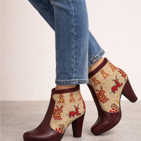 SHAN Shoes - SHANS Amsterdam silk and leather ankle boots BOOTIES Burgundy and Cream
